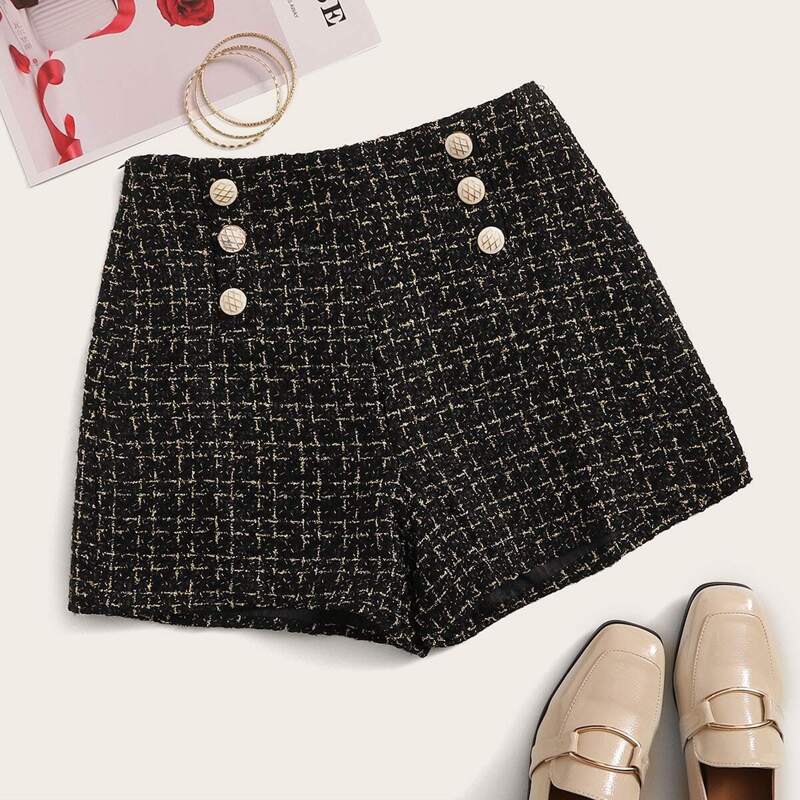 

Button Side Tweed Shorts, Black