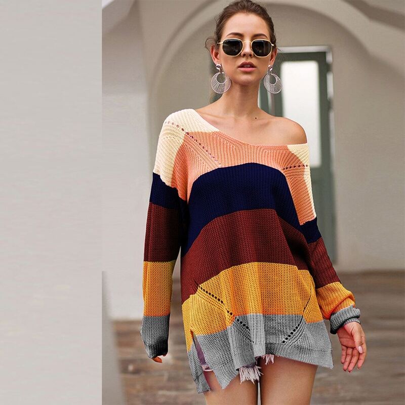 

V Neck Multi-Stripe Slit Hem Jumper, Multicolor