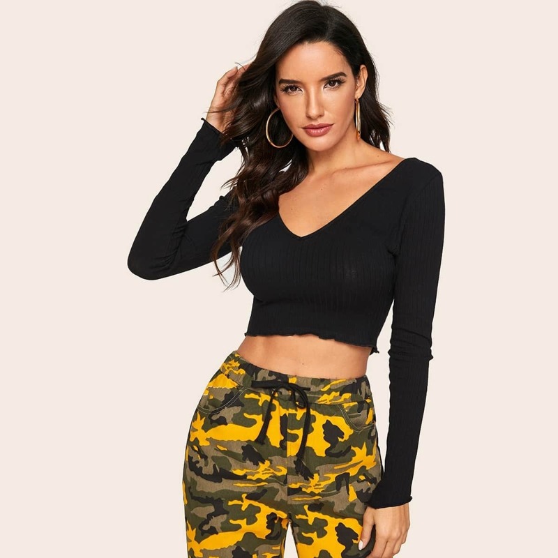 

Lettuce Edge Trim Double V-Neck Tee, Black