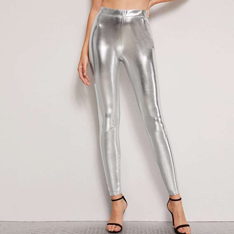 

Coated Elastic Waist Skinny Leggings, Grey