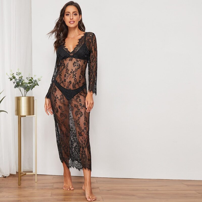 

Eyelash Floral Lace Sheer Dress With Thong, Black