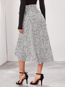SHEIN Dalmatian Asymmetrical Ruffle Hem Wrap Belted Skirt - Black and White - View 3