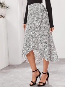 SHEIN Dalmatian Asymmetrical Ruffle Hem Wrap Belted Skirt - Black and White - View 4