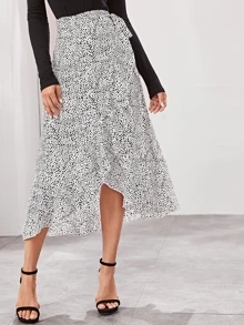 SHEIN Dalmatian Asymmetrical Ruffle Hem Wrap Belted Skirt - Black and White - View 2