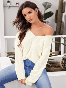 SHEIN Suéter unicolor de espalda abierta con cordón - Beis - Ver 2