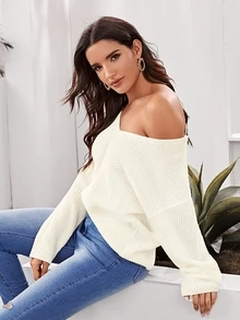 SHEIN Suéter unicolor de espalda abierta con cordón - Beis - Ver 3