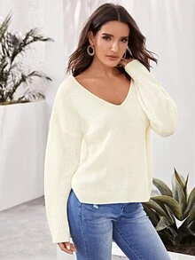 SHEIN Suéter unicolor de espalda abierta con cordón - Beis - Ver 4