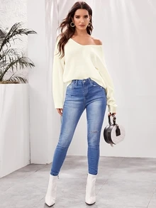 SHEIN Suéter unicolor de espalda abierta con cordón - Beis - Ver 6