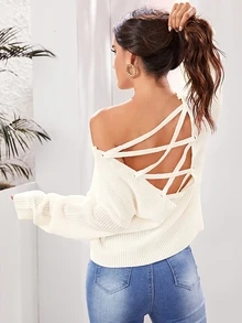 SHEIN Suéter unicolor de espalda abierta con cordón - Beis - Ver 1