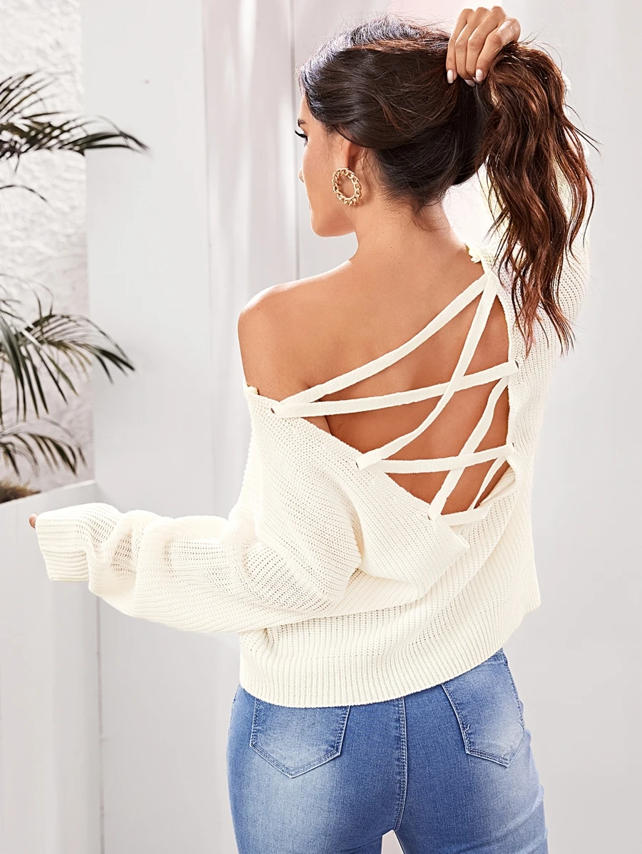 SHEIN Suéter unicolor de espalda abierta con cordón - Beis - Ver 1