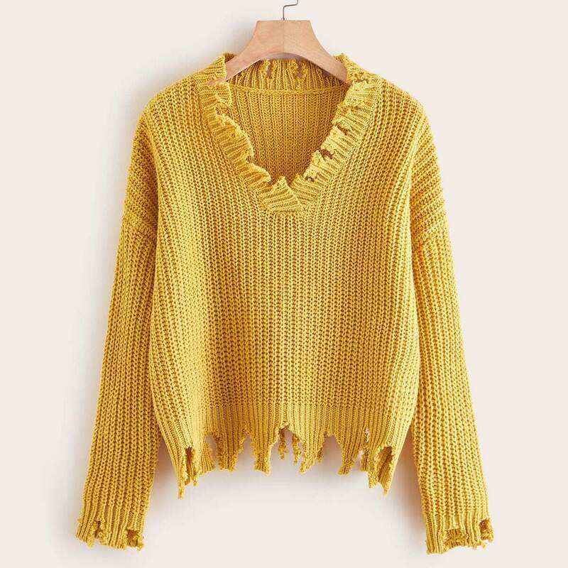

Solid Ripped Trim Drop Shoulder Sweater, Yellow bright