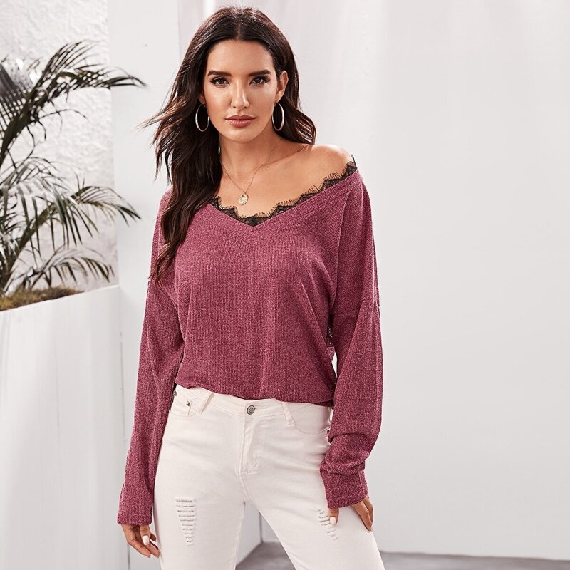 

Lace Insert Drop Shoulder Sweater, Burgundy
