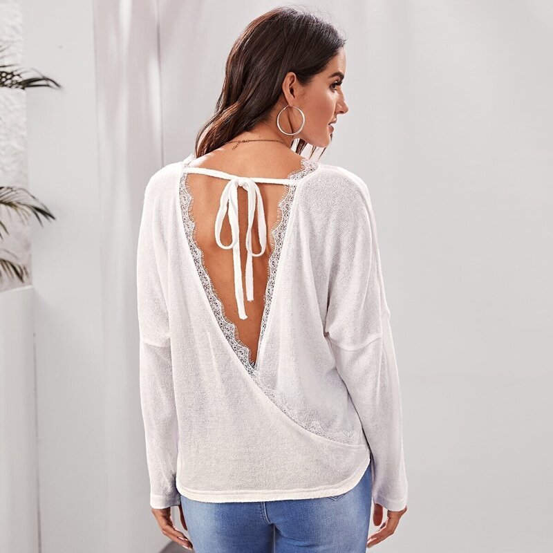 

Lace Insert Drop Shoulder Sweater, White