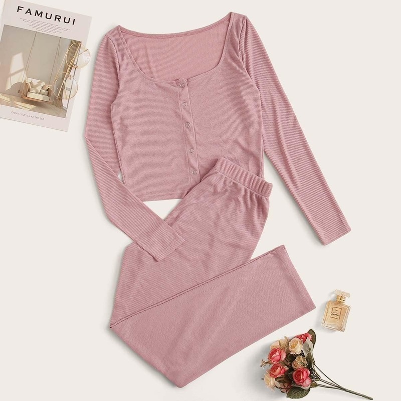

Eyelet Detail Rib Pajama Set, Pink