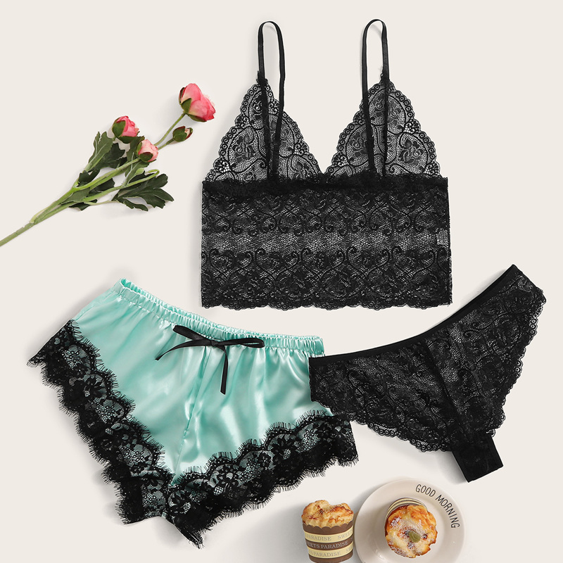 

Floral Lace Lingerie Set With Satin Shorts 3pack, Multicolor
