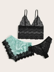 Set de lencería con encaje floral con shorts de satén 3 paquetes - Multicolor - Ver 2