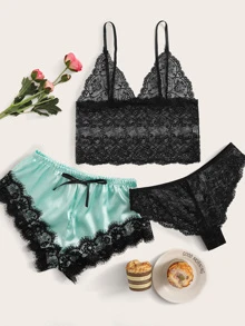 Set de lencería con encaje floral con shorts de satén 3 paquetes - Multicolor - Ver 1