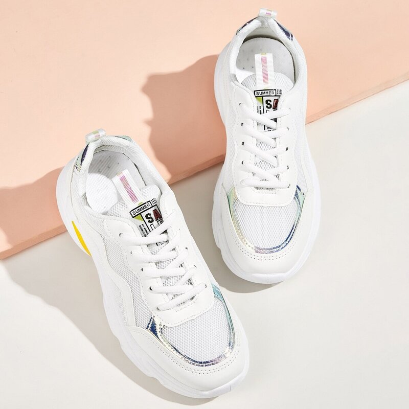 

Lace-up Front Chunky Sole Glitter Trainers, White