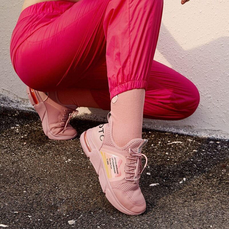 

Slogan Print Chunky Sole Mesh Trainers, Pink
