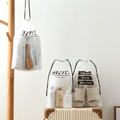 

Letter Print Drawstring Travel Storage Bag 5pcs, Black and white