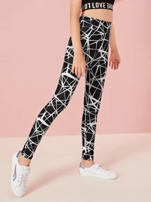 SHEIN Tween Girl Allover Print Wide Waistband Leggings - Black - View 1