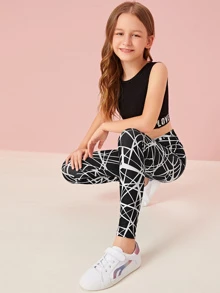 SHEIN Tween Girl Allover Print Wide Waistband Leggings - Black - View 4