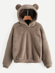 SHEIN Drop Shoulder Fuzzy Ear Teddy Hoodie