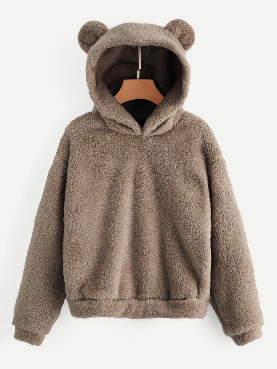SHEIN Drop Shoulder Fuzzy Ear Teddy Hoodie