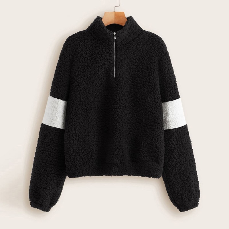 

Half Zipper Front Colorblock Teddy Sweatshirt, Black