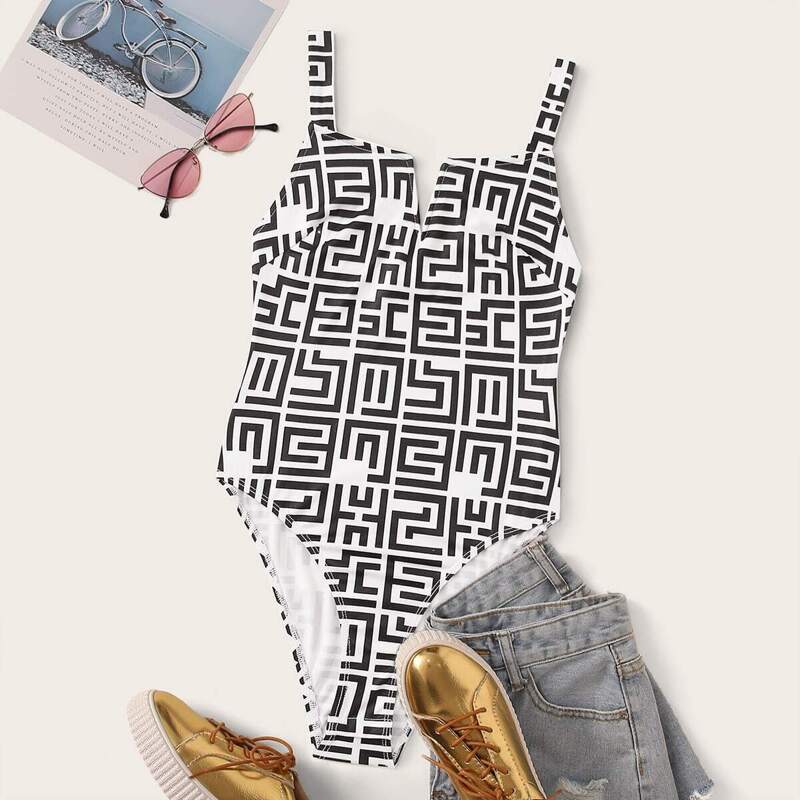 

V-cut Greek Fret Print Bodysuit, Black and white