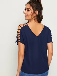 SHEIN LUNE Ladder Cutout Sleeve V-Neck Top - Navy Blue - View 2