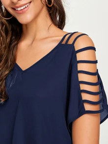 SHEIN LUNE Ladder Cutout Sleeve V-Neck Top - Navy Blue - View 3