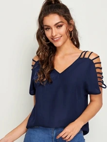 SHEIN LUNE Ladder Cutout Sleeve V-Neck Top - Navy Blue - View 4