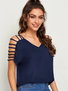 SHEIN LUNE Ladder Cutout Sleeve V-Neck Top - Navy Blue - View 1