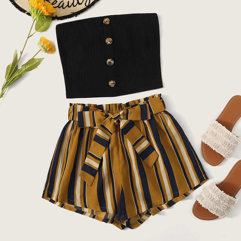 

Button Front Tube Top & Striped Shorts, Multicolor