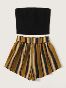 SHEIN Conjunto top tubo tejido de canalé con botón delantero con shorts con cinturón de cintura con volante - Multicolor - Ver 2