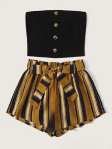 SHEIN Conjunto top tubo tejido de canalé con botón delantero con shorts con cinturón de cintura con volante - Multicolor - Ver 5