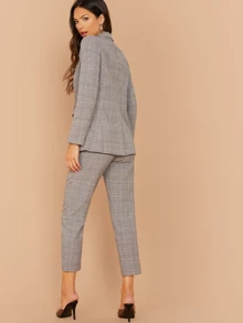 SHEIN 西裝領衣領紐扣格紋西裝外套和褲子套裝 - 灰色 - 查看 2