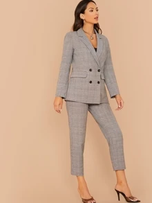 SHEIN 西裝領衣領紐扣格紋西裝外套和褲子套裝 - 灰色 - 查看 3