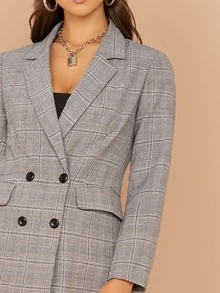 SHEIN 西裝領衣領紐扣格紋西裝外套和褲子套裝 - 灰色 - 查看 4
