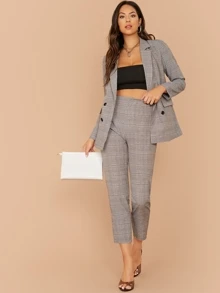 SHEIN 西裝領衣領紐扣格紋西裝外套和褲子套裝 - 灰色 - 查看 5