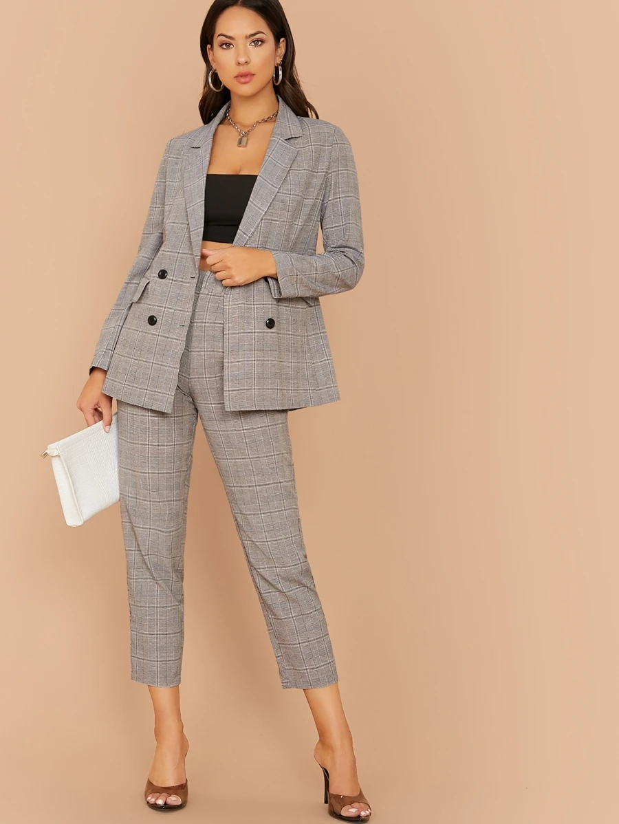 SHEIN 西裝領衣領紐扣格紋西裝外套和褲子套裝 - 灰色 - 查看 1