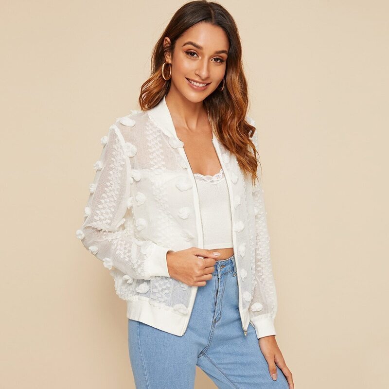 

Zipper Up Applique Sheer Jacket, White