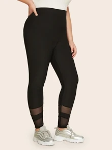 Mulvari 大碼網紗拼接緊身褲 - 黑色 - 查看 5