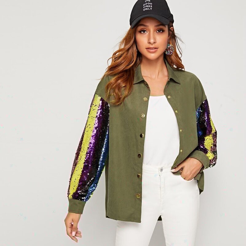 

Press Buttoned Drop Shoulder Sequin Sleeve Coat, Army green