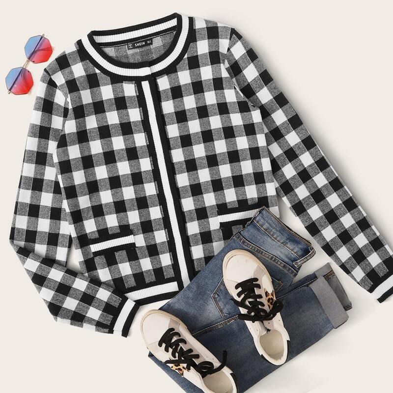 

Striped Trim Gingham Cardigan, Black and white
