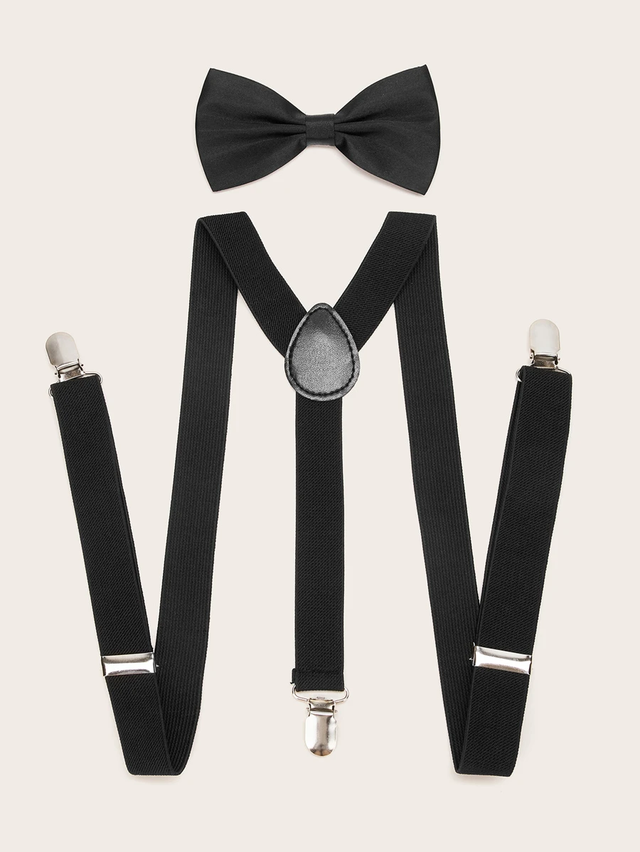 Men Solid Suspenders & Bow Tie Harness - Black - View 1