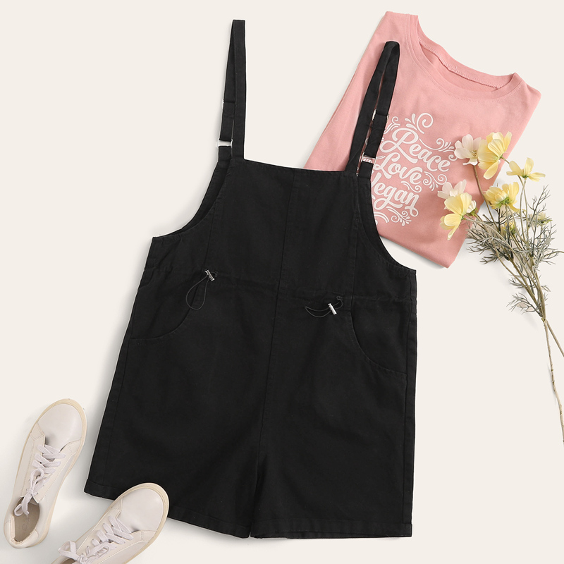 

Solid Pocket Front Drawstring Detail Romper, Black