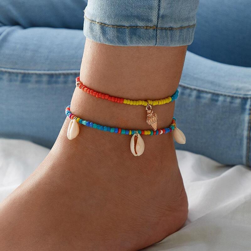 

Shell Charm Beaded Anklet 2pcs, Multicolor