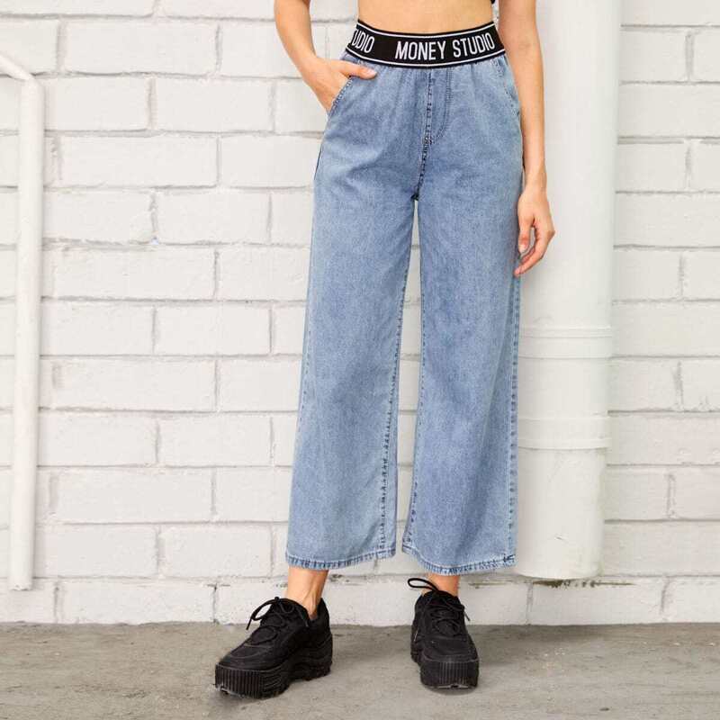 

Letter Wideband Waist Wide Leg Jeans, Blue pastel